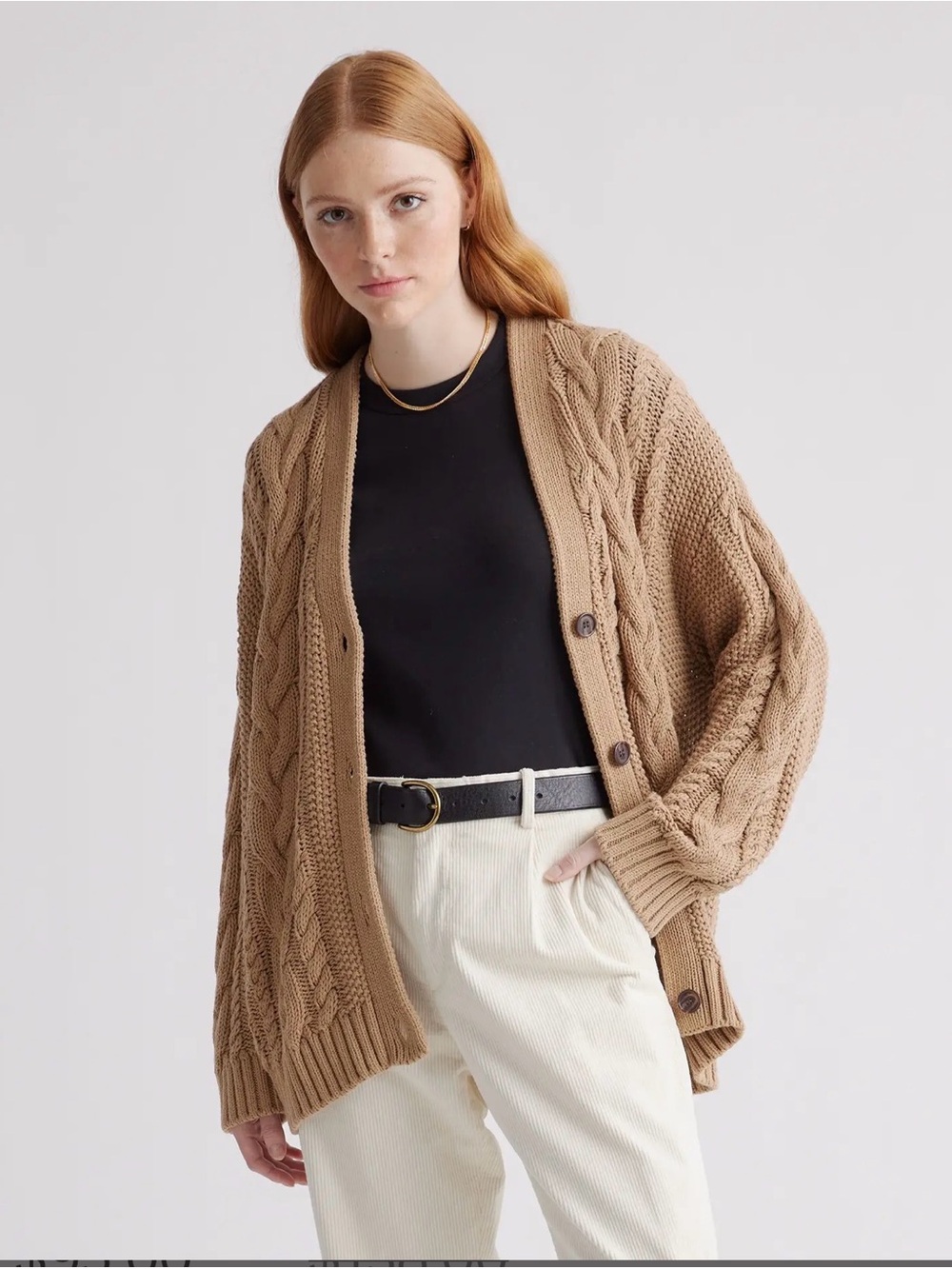 Quince Organic Cotton Oversized Cable Knit Cardigan Camel Brown Medium